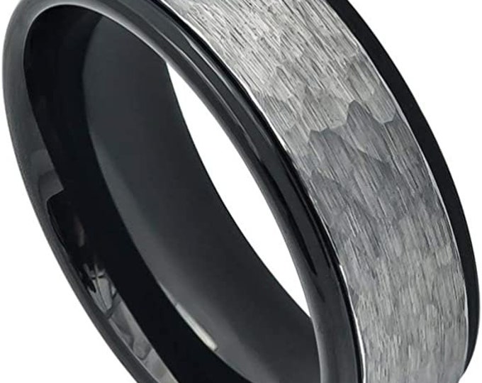 Engraved Dainty Ring, Black Tungsten Ring with Silver Hammered Center, 8mm Step Edge Wedding Band for Men or Women, Custom Engagement Ring