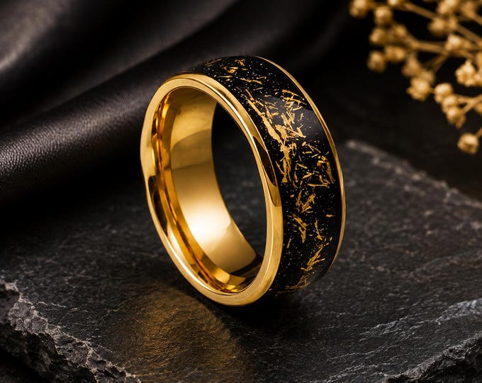 Custom Engraved Tungsten Carbide Ring, 8mm Gold Promise Band, Black Carbon Fiber Inlay with Metallic Shavings, Personalized Wedding Ring