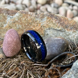 Custom Engraving  - 8mm Black Ceramic Blue Carbon Fiber Center Inlay Engagement Anniversary | Wedding Band Ring for Men Or Women