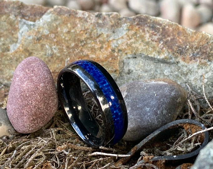 Engraved Black Ceramic Ring, 8mm Blue Carbon Fiber Inlay Band, Personalized Men's Wedding Band, Anniversary Promise Ring Custom Gift for Him