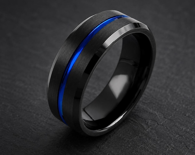 Custom Engraved Black Tungsten Carbide Ring, Police Thin Blue Line Wedding Band, Personalized Anniversary Ring, Engraved Gift for Couples