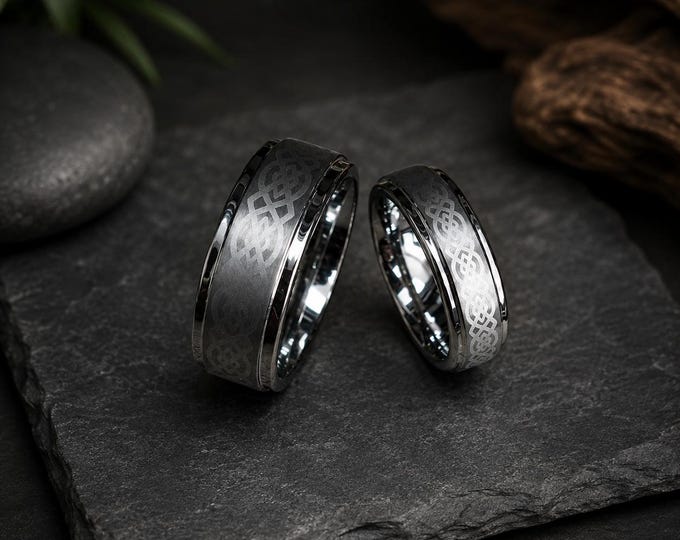 Custom Engraved Tungsten Celtic Knot Wedding Band Set, Comfort Fit Matching Step Edge Rings, Personalized His and Hers Wedding Rings