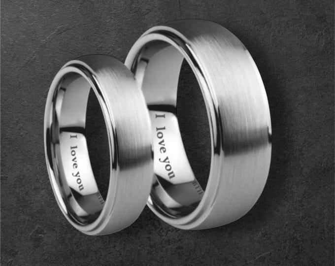 Tungsten Carbide Couple Rings Set, Custom Engraved Dainty Rings, 8mm & 6mm Silver Brushed Step Edge Bands, Matching Engagement Ring Pair