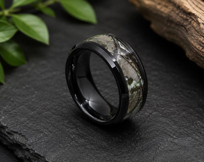 Labradorite Moonstone Black Ceramic Camo Ring, 8mm Forest Hunter Inlay Band, Deep Space Muonionalusta Meteorite Ring, Engraved Wedding Band