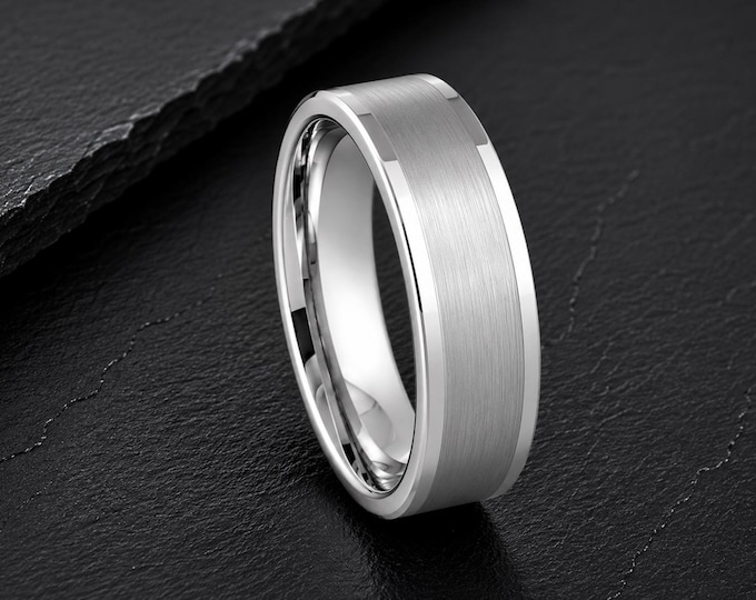 Custom Engraved White Tungsten Wedding Band 8mm, Platinum Plated Ring, Personalized Men's Wedding Ring, Comfort Fit Anniversary Gift