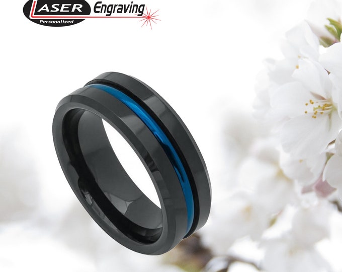 Mens Wedding Band Black Tungsten Ring with Blue Line Mens Wedding Ring 8mm Tungsten Ring Two Tone Wedding Band Personalized Wedding Band