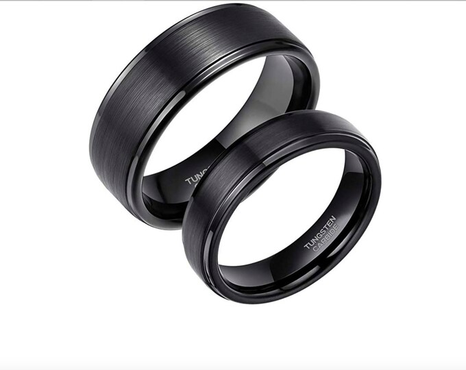 Personalized Black Tungsten Wedding Ring Set, 8mm/6mm Pipe Cut Bands for Him & Her, Engraved Couple Dainty Rings, Custom Promise Rings