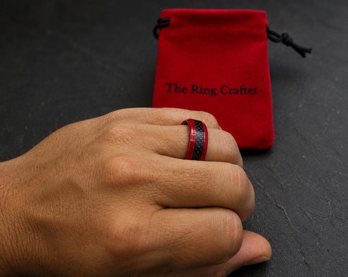Red Titanium Wedding Band with Black Carbon Fiber Inlay, Custom Engraved Ring, Personalized Promise Ring, Comfort Fit Wedding Band