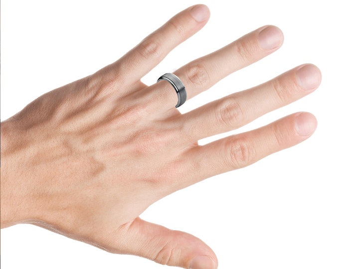Custom Engraving - 8mm Tungsten Carbide Step Edge With Brushed Center Wedding Band Ring for Men Or Women
