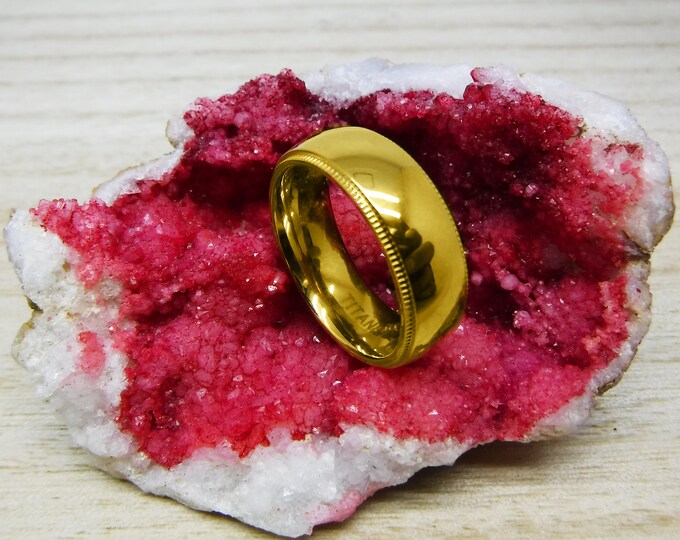 Custom Engraving - 8mm Titanium Domed Yellow Gold Plated with Migraine Wedding Band Ring for Men Or Women
