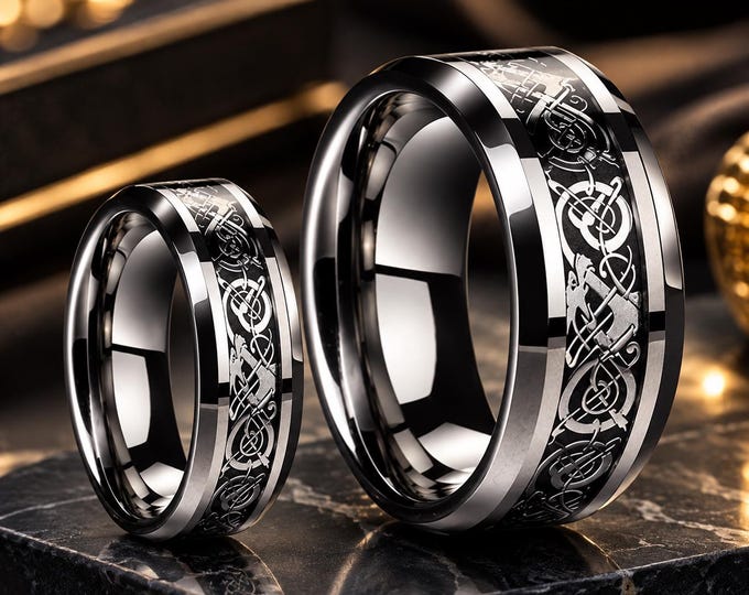 Personalized His & Hers Tungsten Carbide Wedding Bands, 8mm and 6mm Loyal Celtic Knot Dragon Rings, Custom Engraved Matching Couple Ring