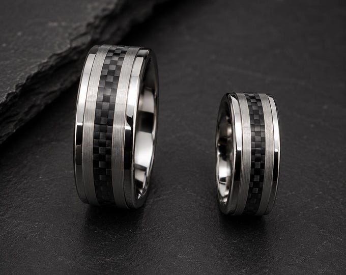 Personalized Tungsten Ring with Carbon Fiber Inlay, Custom Engraved Silver Dome Wedding Band, Modern Couple's Promise Ring, Durable Jewelry