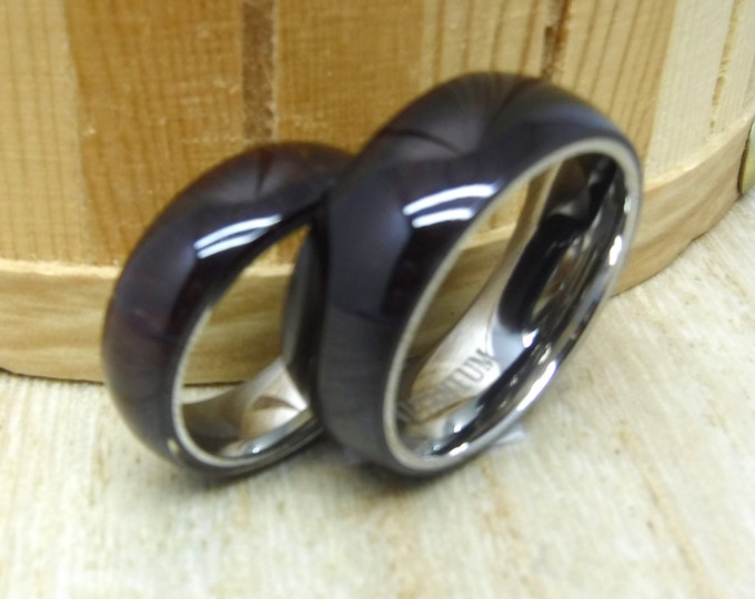 Titanium Koa Wood Ring, Custom Engraved Dainty Ring, 6mm/8mm Domed Wedding Band for Him & Her, Personalized Hawaiian Ring Set for Couple