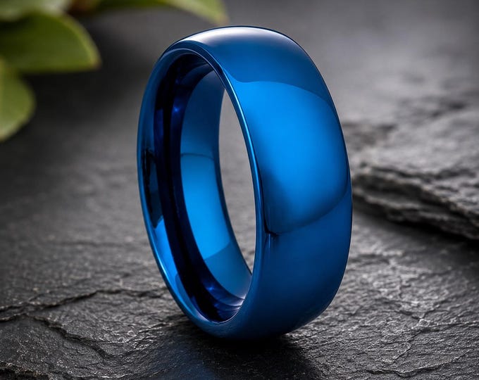 Personalized Engraved Tungsten Carbide Blue Shiny Wedding Band, Custom Matching Couples Ring, His and Hers Promise Ring, Comfort Fit Gift