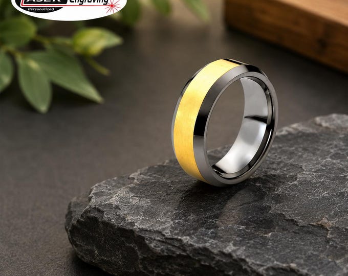 Personalized 8mm Tungsten Carbide Wedding Band, Gold Center Beveled Edge Ring, Custom Engraved Comfort Fit Durable Anniversary Ring