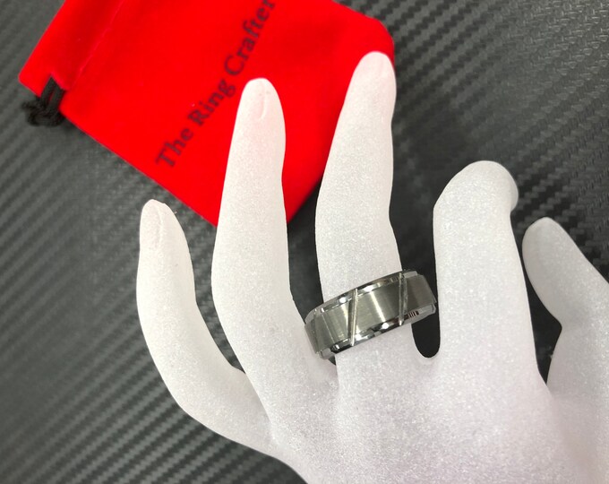 Custom Engraving - 8mm Tungsten Carbide Diagonal Cuts With Brushed Center Wedding Band Ring for Men Or Women
