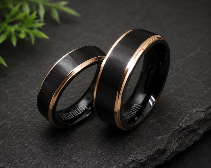 Personalized Black Titanium Wedding Band, Rose Gold Ring, Custom Engraved Ring, Men's Wedding Band, His & Hers Promise Ring 6mm 8mm