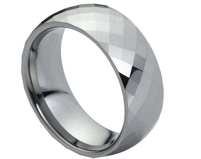 Custom Engraving - 8mm Tungsten Carbide Black Plated Dome Shape and Facet Cut Wedding Band Ring for Men Or Women