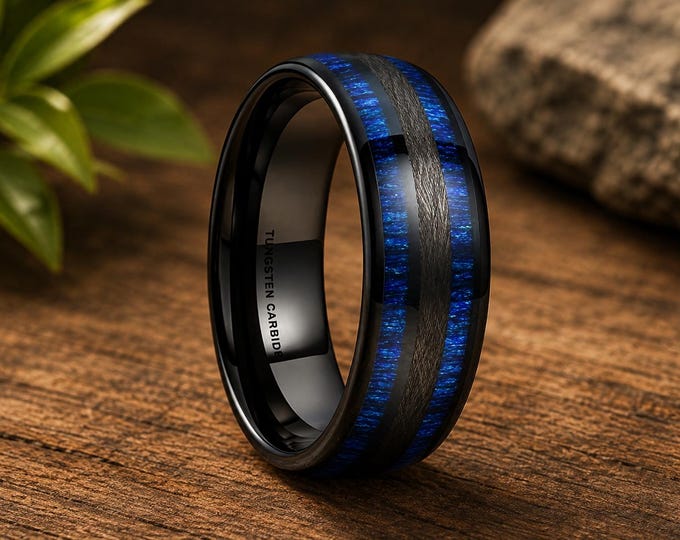 Personalized 8mm Blue Tungsten Carbide Ring, Exotic Blue Wood Inlay, Carbon Fiber Wedding Band, Custom Engraved Promise Ring for Couple Gift
