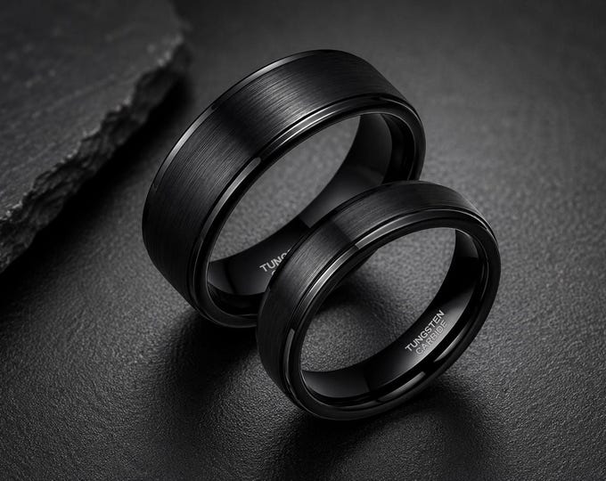 Personalized Black Tungsten Wedding Ring Set, 8mm & 6mm Pipe Cut Matching Bands, Custom Engraved Couple Rings, Modern Wedding Bands