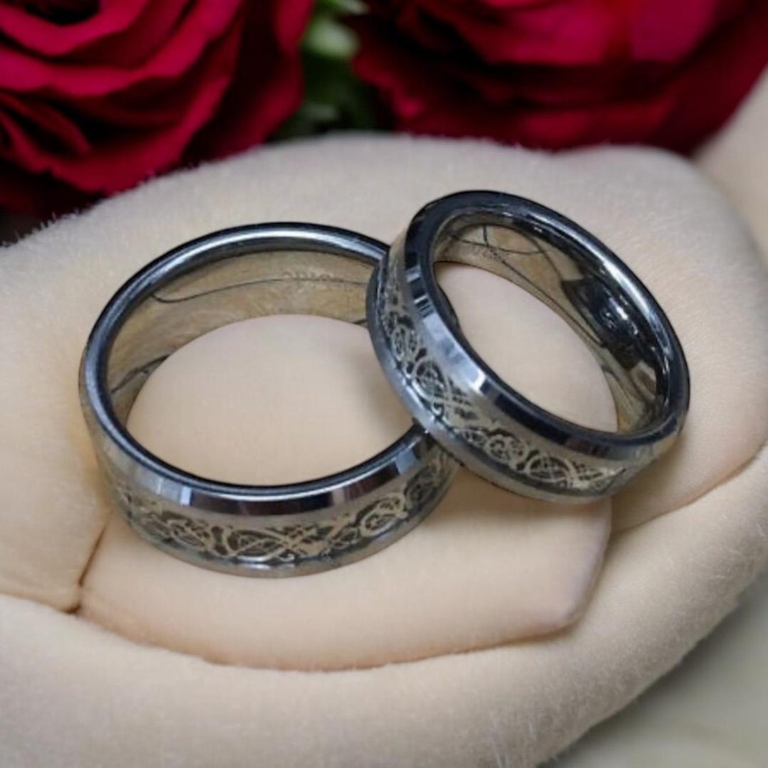 Celtic Dragon Wedding Band Set, Custom Engraved His Hers Rings