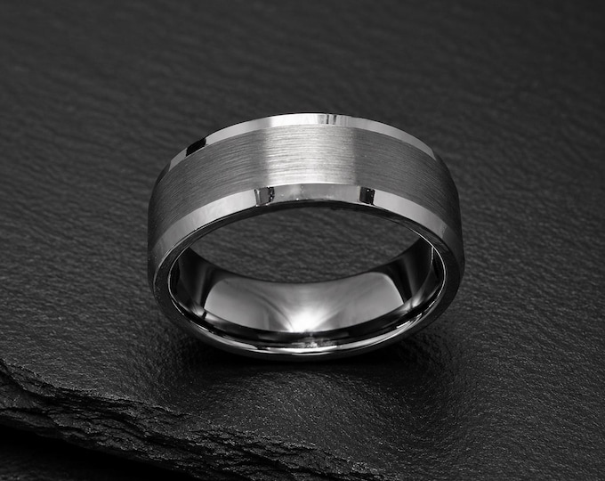 8mm Tungsten Carbide Wedding Band, Brushed Beveled Edge Ring, Custom Engraved Men’s Wedding Ring, Durable Personalized Anniversary Band