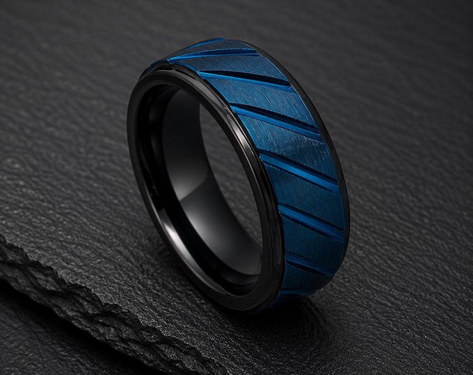 Personalized Black Tungsten Wedding Ring for Him, 8mm Prussian Blue Inlay Band, Custom Engraved Men’s Ring, Women's Anniversary Jewelry