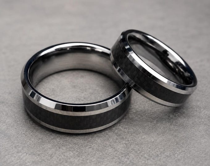 Personalized Black Tungsten Ring, Carbon Fiber Inlay Promise Ring, Beveled Edge Wedding Band, Engraved Anniversary Ring, His and Her Jewelry