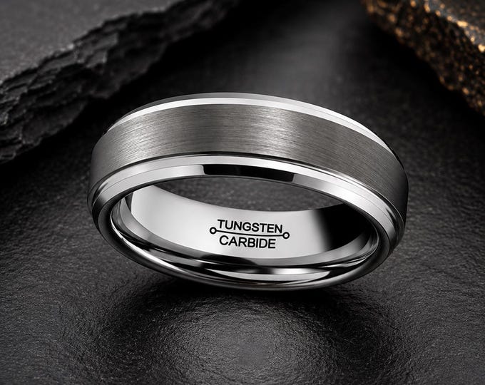 Personalized Tungsten Wedding Band, 6mm 8mm Brushed Finish Ring, Custom Engraved Step Edge Ring, Comfort Fit Wedding Band for Couples