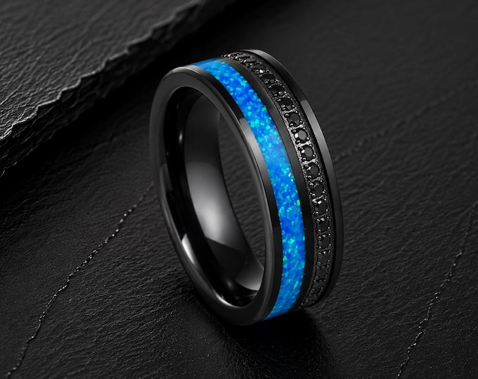Custom Engraved Tungsten Wedding Band with Black Opal Inlay, Black CZ Eternity Ring, Personalized His & Hers Promise Ring, Anniversary Gift