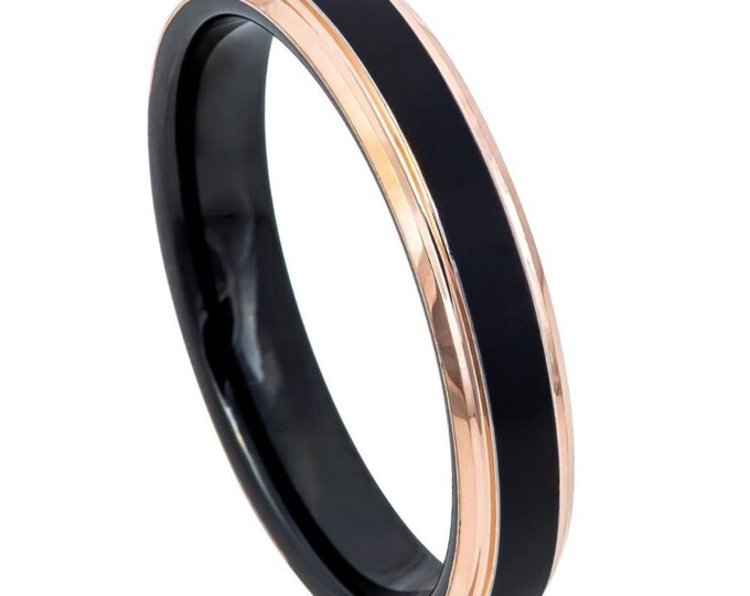 Black Two-Tone Wedding Band for Men & Women, Brushed Center Stainless Steel Couple Ring, Custom Step Edge Ring, Free Engraved Dainty Ring