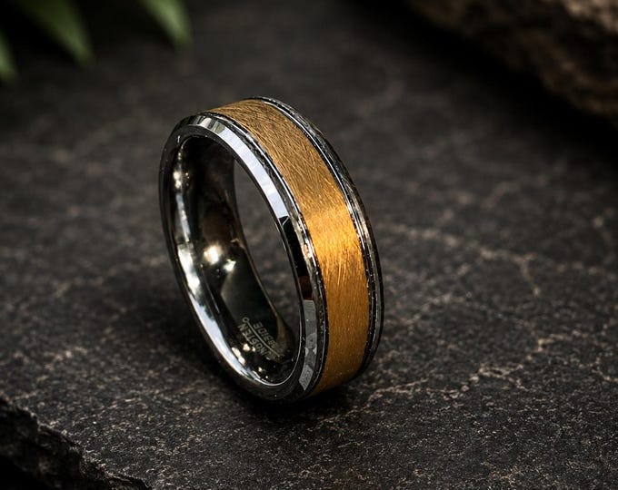 Custom Engraved 8mm Gold IP Plated Wire Brushed Bevel Edge Wedding Band, Men's Tungsten Ring, Classic Engagement Ring, Anniversary Gift