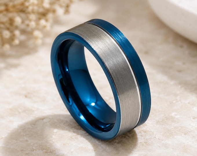 Personalized Blue Tungsten Wedding Band, Brushed Groove Ring, Blue IP Plated Comfort Fit Wedding Ring, Custom Engraved Promise Band