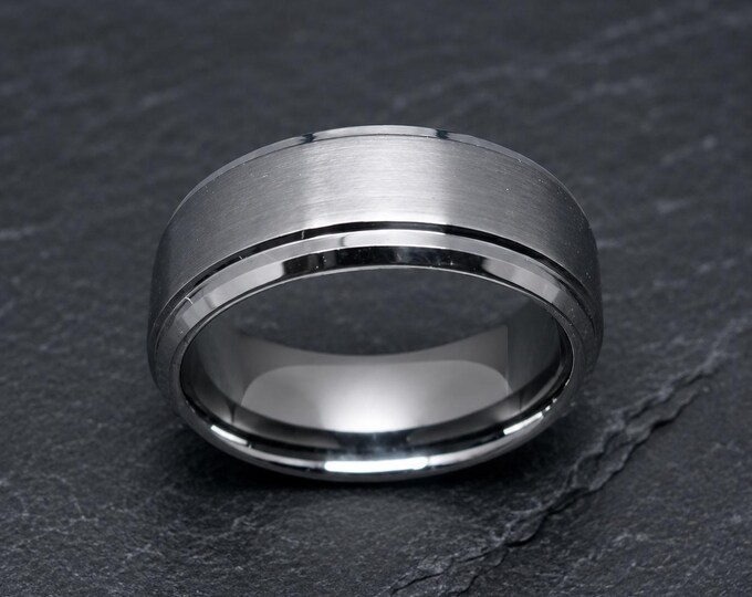 Custom Engraved 8mm Tungsten Carbide Wedding Ring, Brushed Step Edge Band for Men, Durable Scratch-Resistant Personalized Anniversary Ring