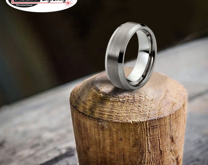 Personalized Engraving - 8mm Tungsten Carbide Shiny Polished With Brushed Center Beveled Edge Wedding Band Ring for Men Or Women