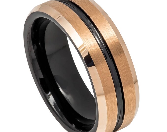 Tungsten Carbide Ring, Black & Rose Gold Wedding Band, Beveled Edge Groove Design for Men and Women, Custom Engraved 8mm Statement Ring