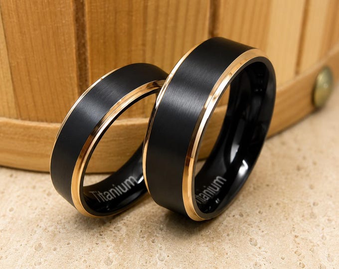 Personalized Black Titanium Wedding Rings Set, Rose Gold Finish Couple Bands, Engraved Promise Rings for Couples, Modern Matching Jewelry
