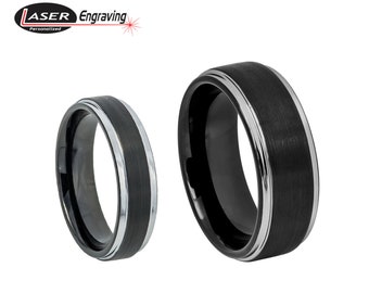 His & Hers Black Tungsten Wedding Band Set - Brushed Silver, Engraved