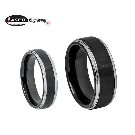 Personalized Engraving His & Hers 8mm/6mm Tungsten Carbide Black Plated Brushed  Silver Step Edge Wedding Band Ring Set 