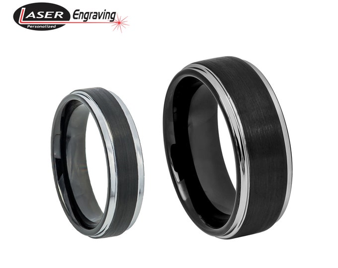 Personalized Engraving  - His & Hers - 8mm/6mm Tungsten Carbide Black Plated Brushed Silver Step Edge Wedding Band Ring Set