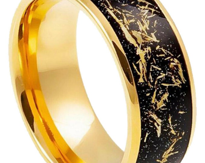 Tungsten Carbide Ring, Custom Gold Promise Ring, 8mm Black Carbon Fiber Inlay Band with Metallic Shavings, Wedding or Engagement Ring
