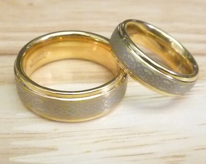 8mm/6mm Gold Celtic Knot His & Hers Rings, Step Edge Matching Couple Rings, Custom Engraved Statement Rings, Tungsten Wedding Band Set