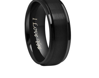 Personalized Black Tungsten Ring, Engraved “I Love You” Band for Men & Women, Promise Ring Wedding Band, Engagement Ring Anniversary Gift