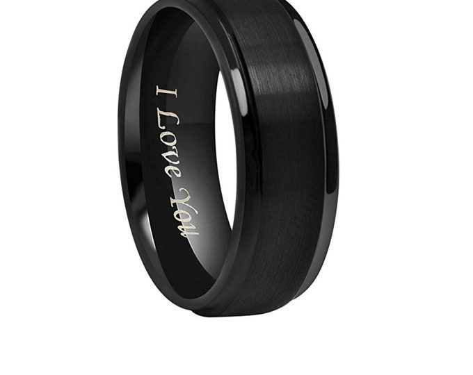 Custom Black Tungsten Ring with Free "I Love You" Engraving, 8mm or 6mm Band, Wedding Anniversary or Engagement Gift for Him or Her