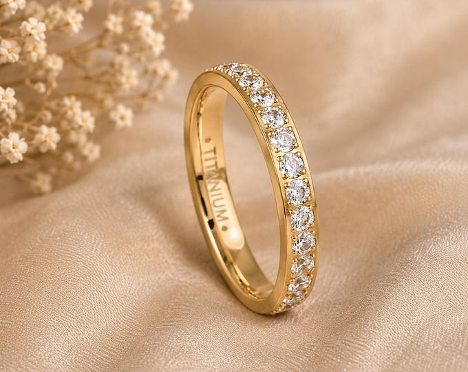 Custom Titanium Eternity Band Ring, 3mm Gold IP Wedding Band, CZ Stone Ring, Personalized Engraved Ring, Comfort Fit Anniversary Gift