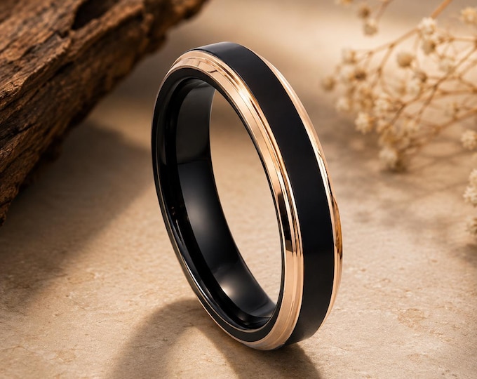 Black Two-Tone Stainless Steel Wedding Band, 8mm Brushed Center Ring, Custom Engraved Wedding Ring, Personalized Promise Band Statement Gift