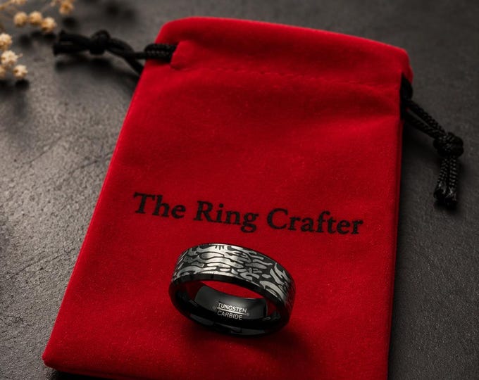 Personalized Tungsten Wedding Ring with Natural Koa and Blackwood Inlay, 8mm Engraved Men's Band, Unique Wood Ring for Groom or Husband