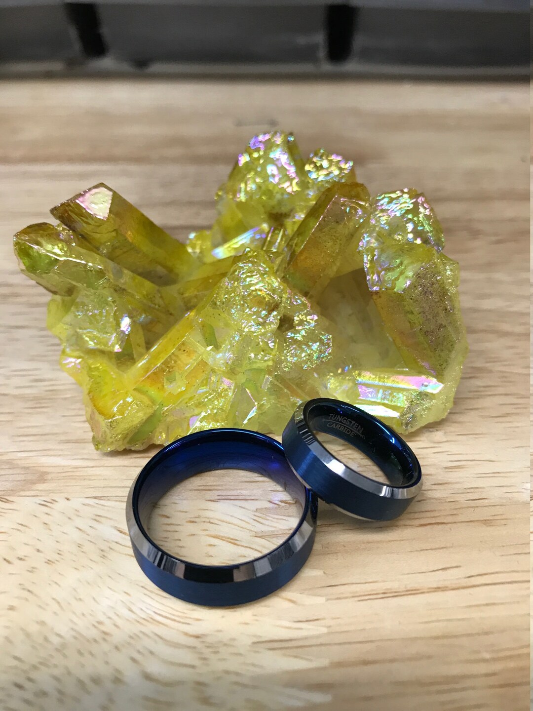 Personalized Blue Engraved Rings, Tungsten Carbide Wedding Band Set ...