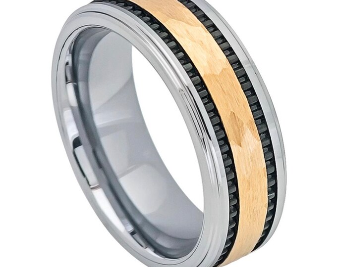 Custom Engraving - 8mm Tungsten Carbide Yellow Gold IP Plated Hammerd& Black Stripe Wedding Band Ring for Men Or Women