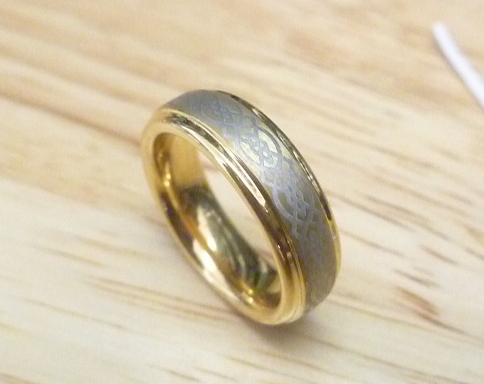 Personalized Celtic Knot Tungsten Ring, 6mm Gold Plated Wedding Band, Custom Laser Engraving Ring for Him or Her, Engagement Ring Jewelry